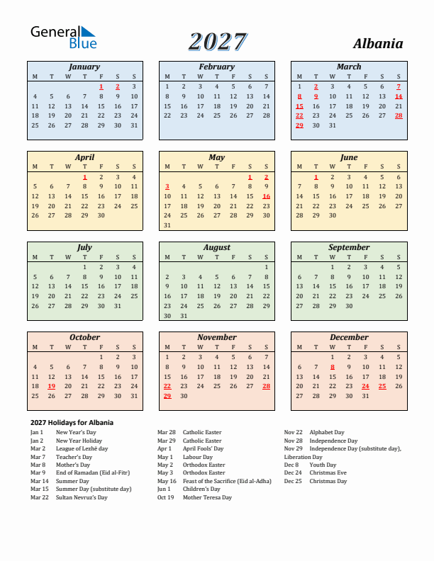 Albania Calendar 2027 with Monday Start