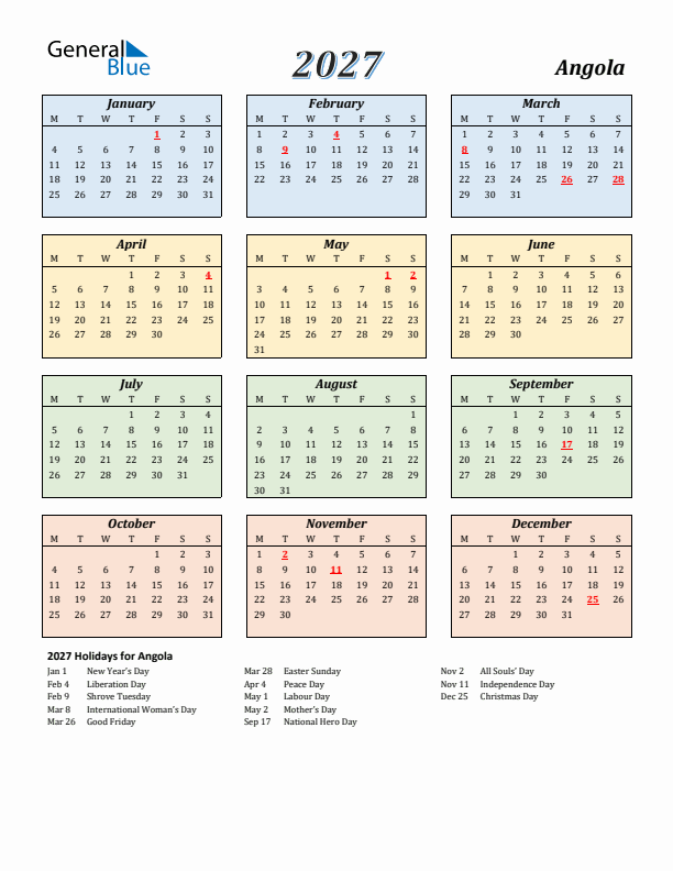 Angola Calendar 2027 with Monday Start