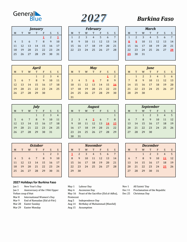 Burkina Faso Calendar 2027 with Monday Start