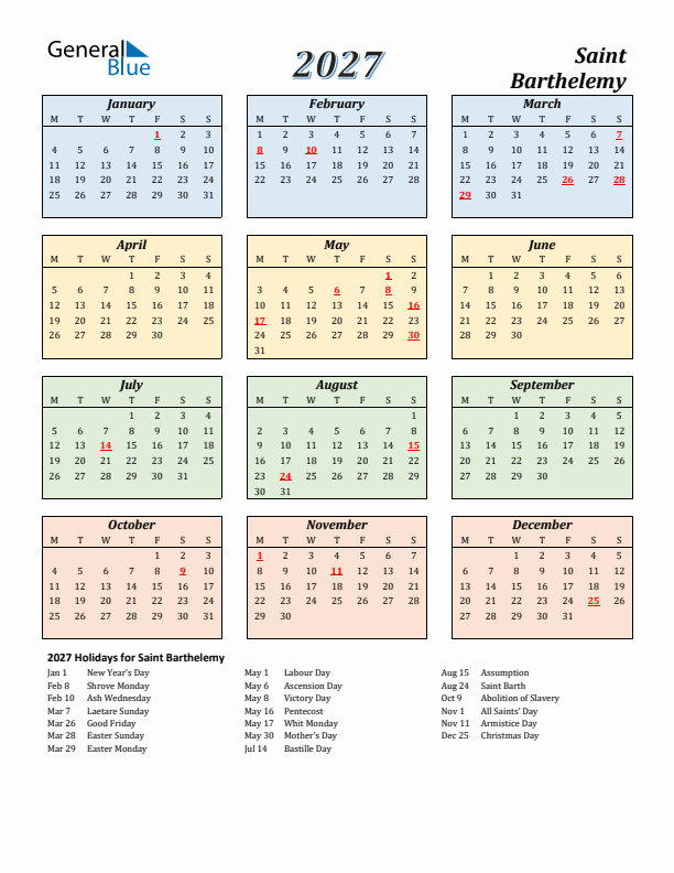 Saint Barthelemy Calendar 2027 with Monday Start