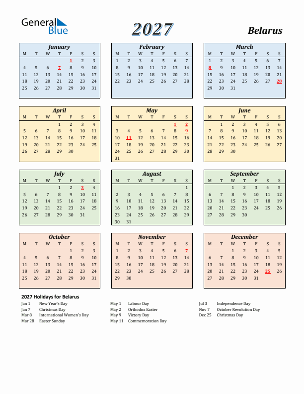 Belarus Calendar 2027 with Monday Start