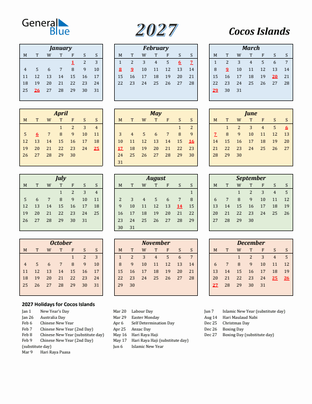 Cocos Islands Calendar 2027 with Monday Start
