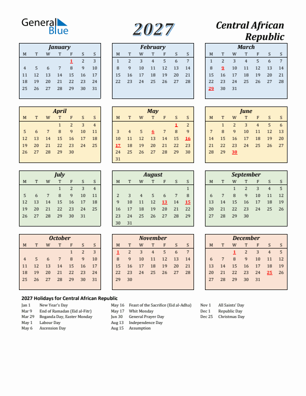 Central African Republic Calendar 2027 with Monday Start