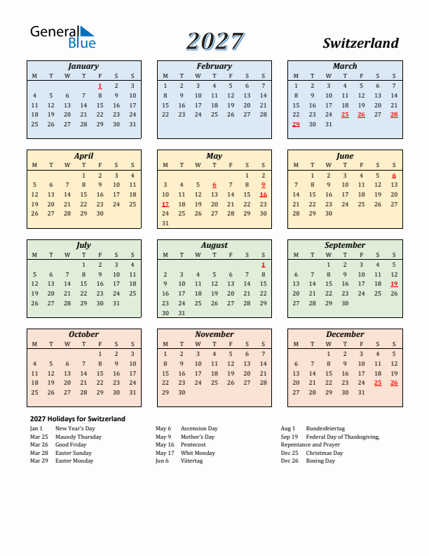 Switzerland Calendar 2027 with Monday Start