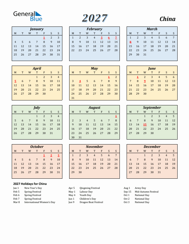 China Calendar 2027 with Monday Start