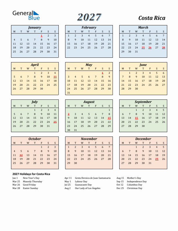 Costa Rica Calendar 2027 with Monday Start