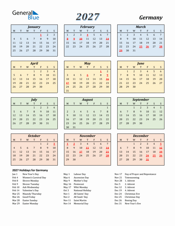 Germany Calendar 2027 with Monday Start