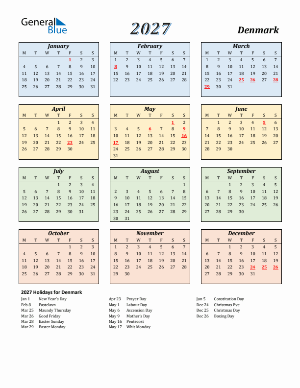 Denmark Calendar 2027 with Monday Start