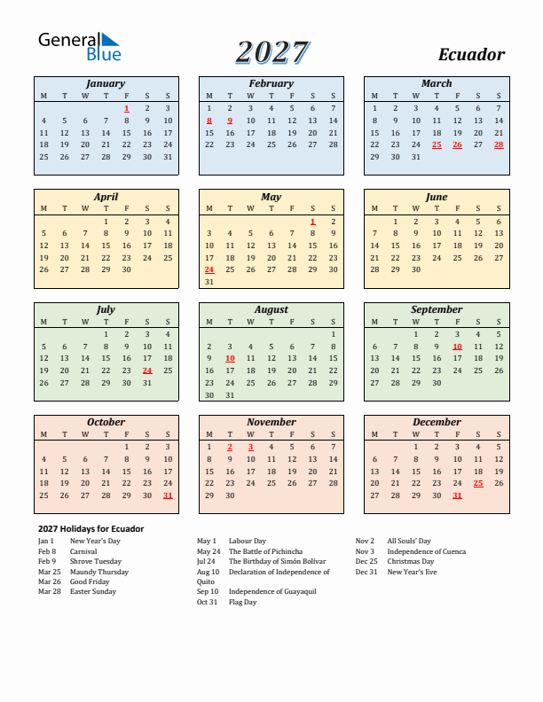 Ecuador Calendar 2027 with Monday Start