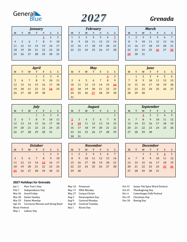 Grenada Calendar 2027 with Monday Start