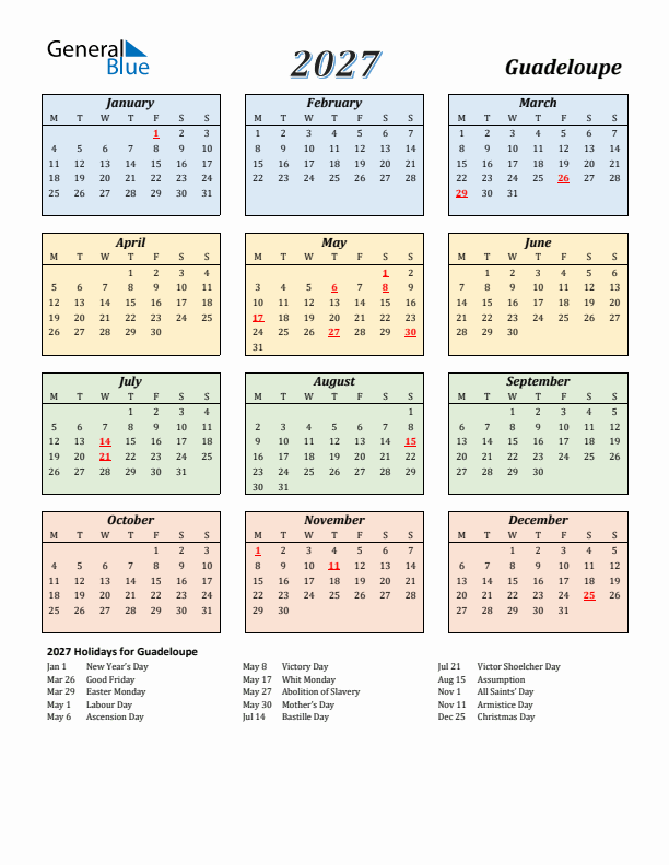 Guadeloupe Calendar 2027 with Monday Start