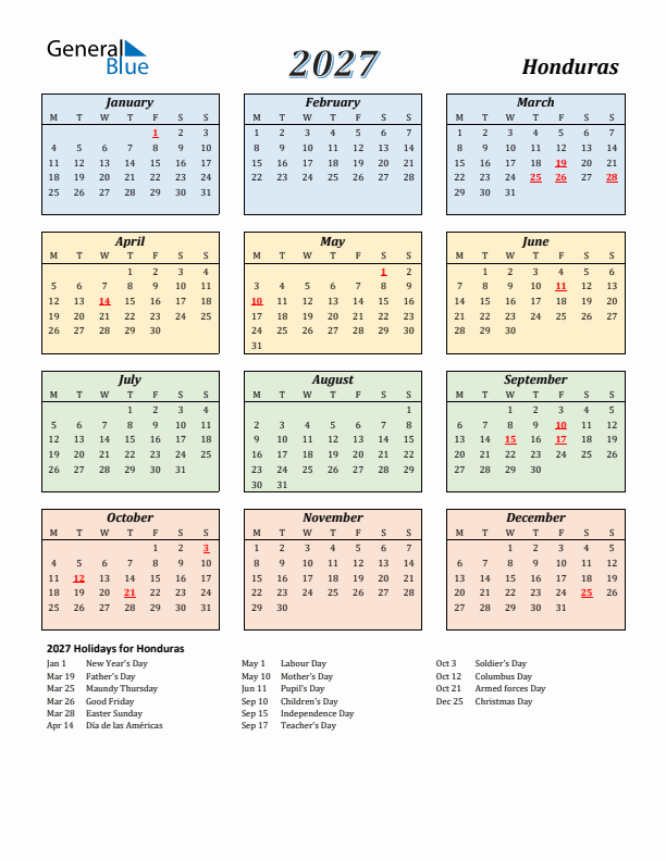 Honduras Calendar 2027 with Monday Start