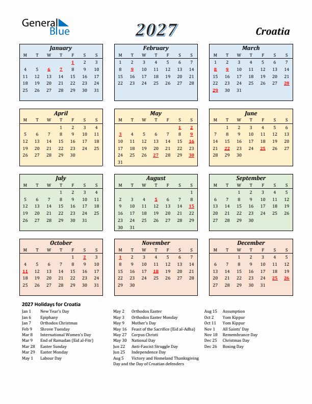 Croatia Calendar 2027 with Monday Start