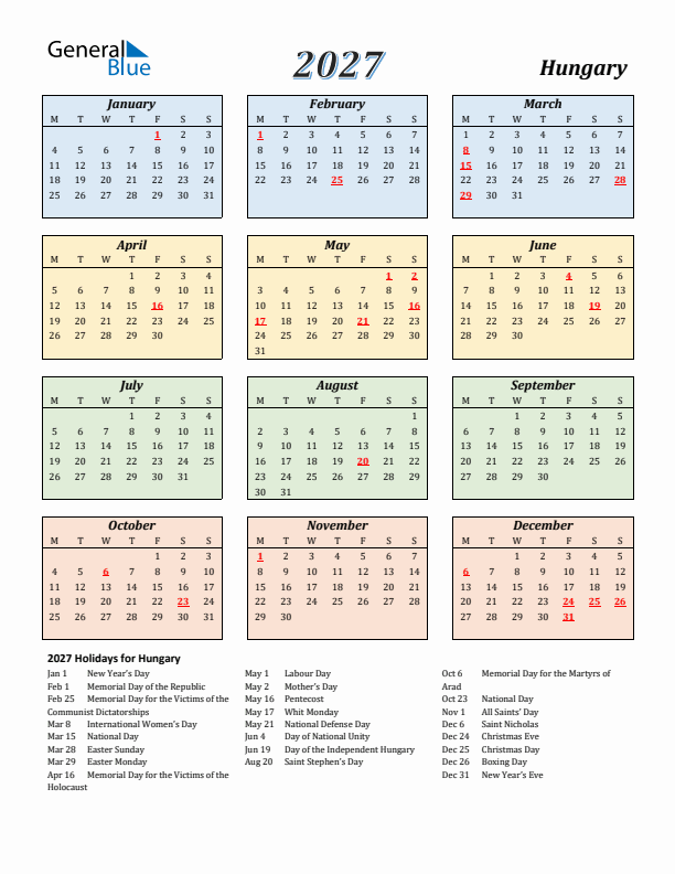 Hungary Calendar 2027 with Monday Start