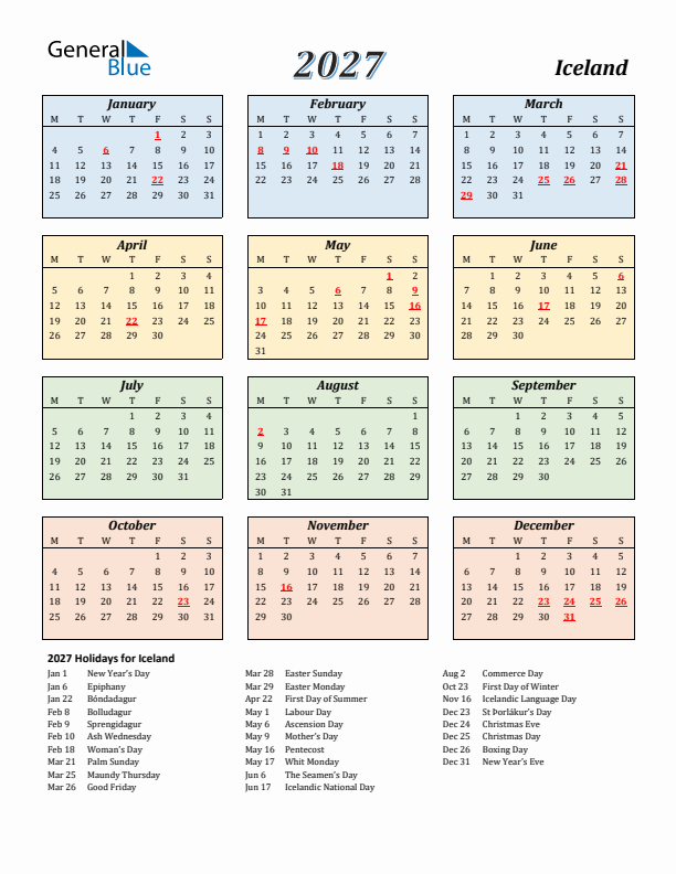 Iceland Calendar 2027 with Monday Start
