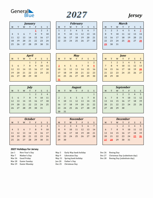 Jersey Calendar 2027 with Monday Start