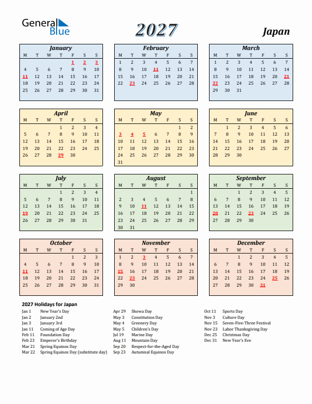 Japan Calendar 2027 with Monday Start