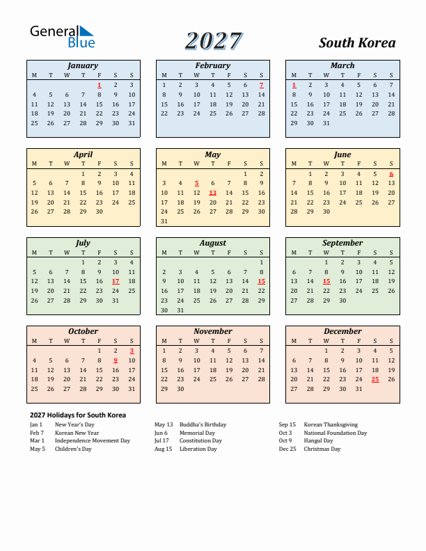 South Korea Calendar 2027 with Monday Start