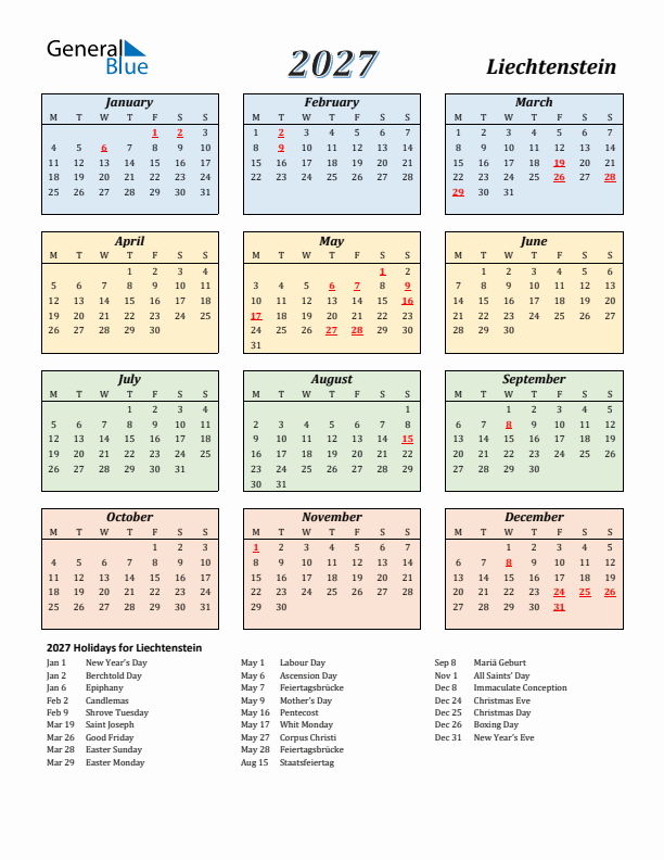 Liechtenstein Calendar 2027 with Monday Start