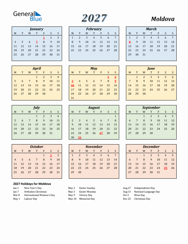 Moldova Calendar 2027 with Monday Start