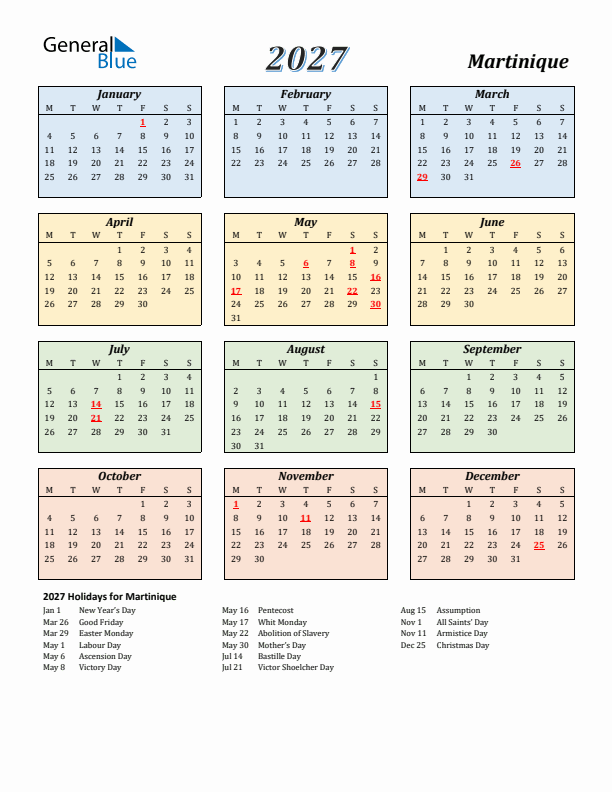 Martinique Calendar 2027 with Monday Start