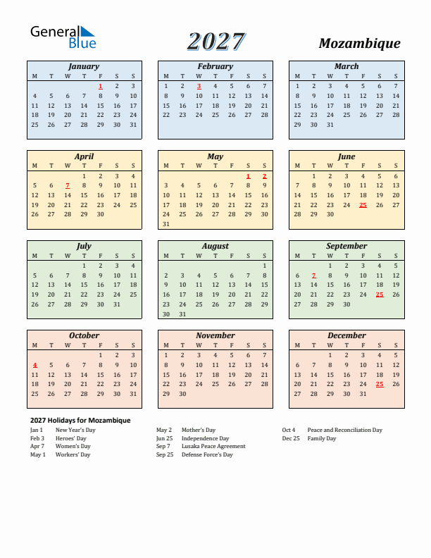 Mozambique Calendar 2027 with Monday Start