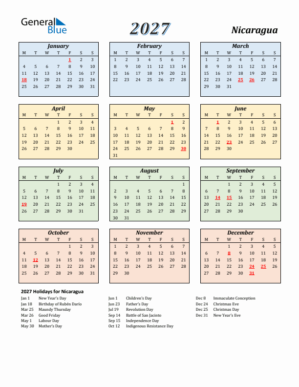Nicaragua Calendar 2027 with Monday Start