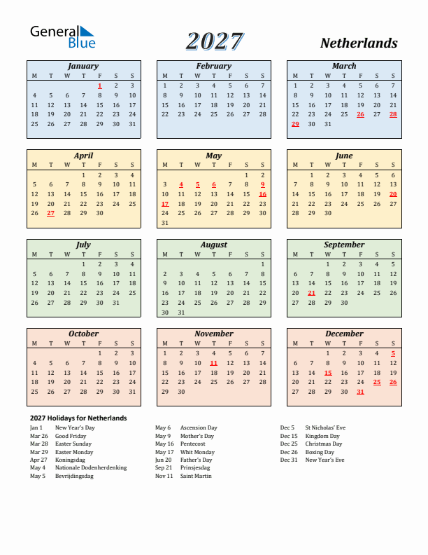 The Netherlands Calendar 2027 with Monday Start