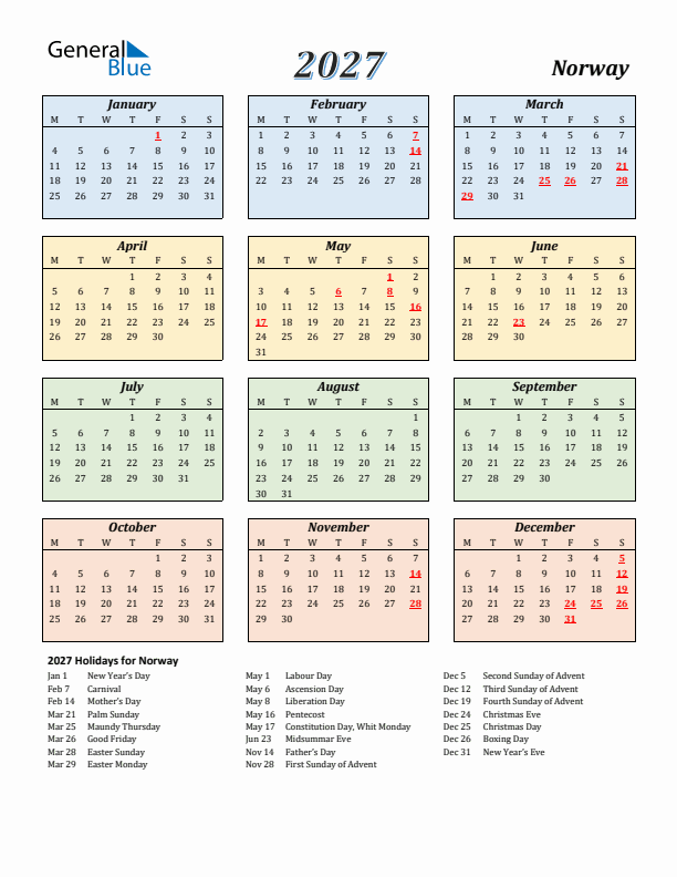 Norway Calendar 2027 with Monday Start