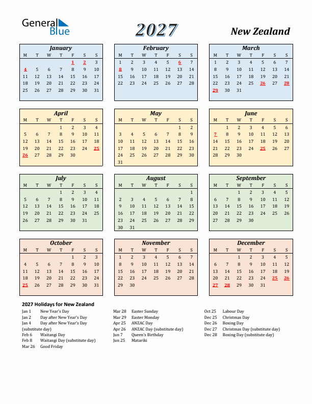 New Zealand Calendar 2027 with Monday Start