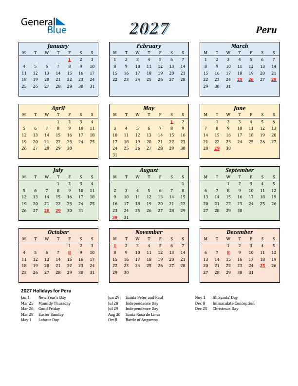 Peru Calendar 2027 with Monday Start