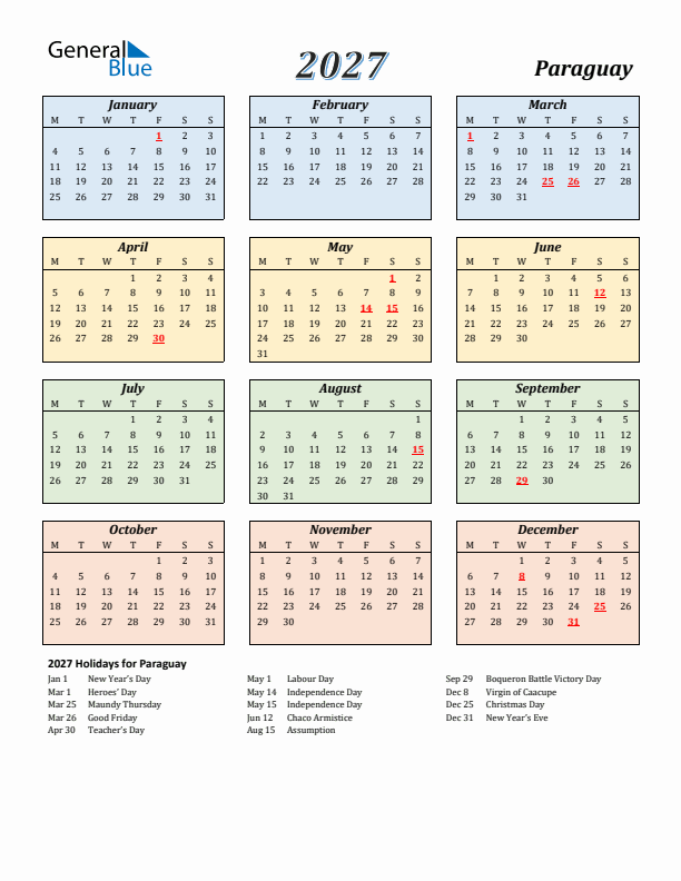 Paraguay Calendar 2027 with Monday Start