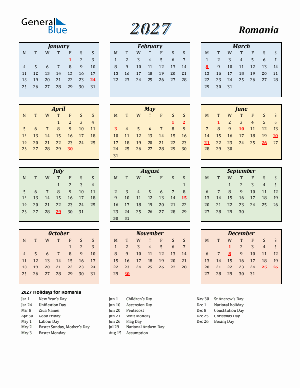 Romania Calendar 2027 with Monday Start