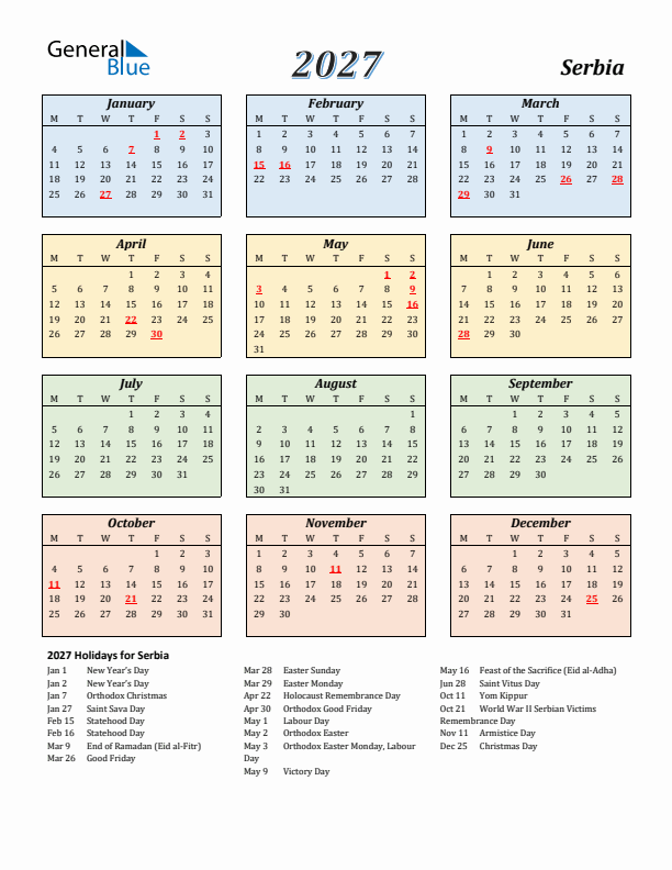 Serbia Calendar 2027 with Monday Start