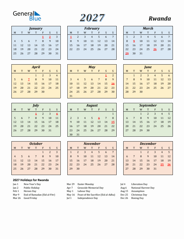 Rwanda Calendar 2027 with Monday Start