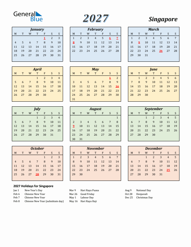 Singapore Calendar 2027 with Monday Start