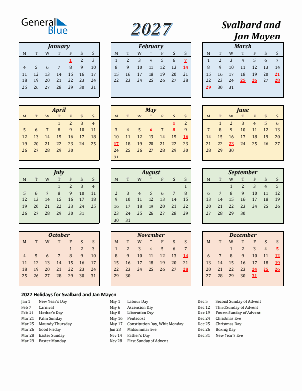 Svalbard and Jan Mayen Calendar 2027 with Monday Start