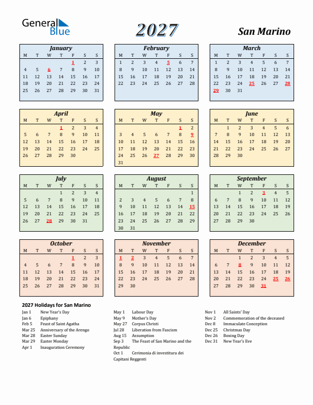 San Marino Calendar 2027 with Monday Start