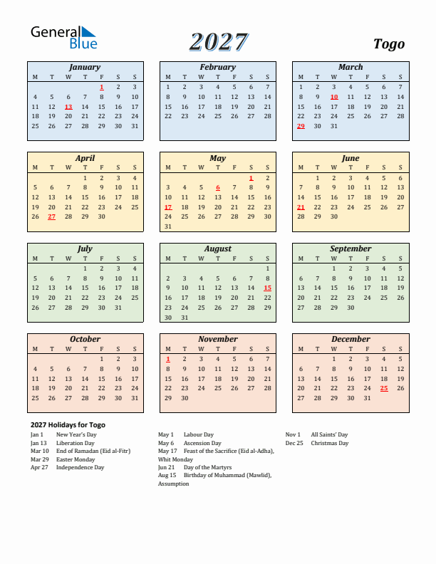 Togo Calendar 2027 with Monday Start