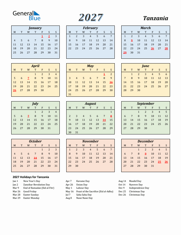 Tanzania Calendar 2027 with Monday Start