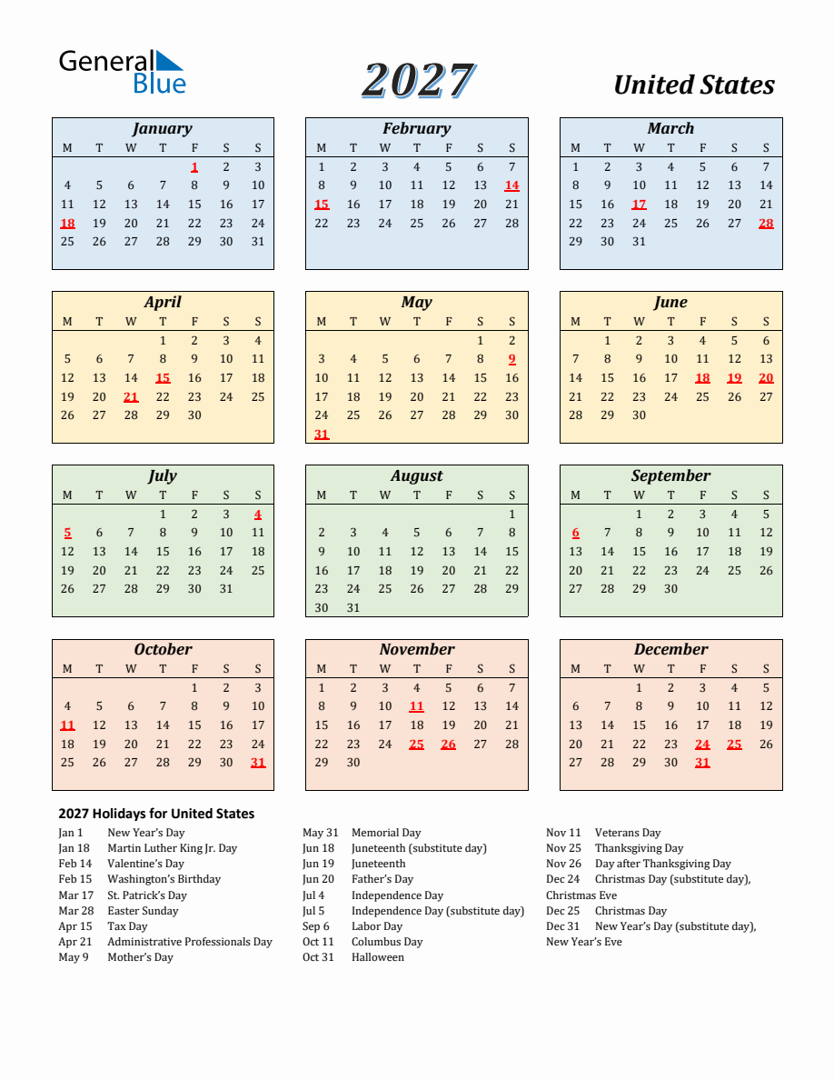 2027 United States Calendar with Monday Start