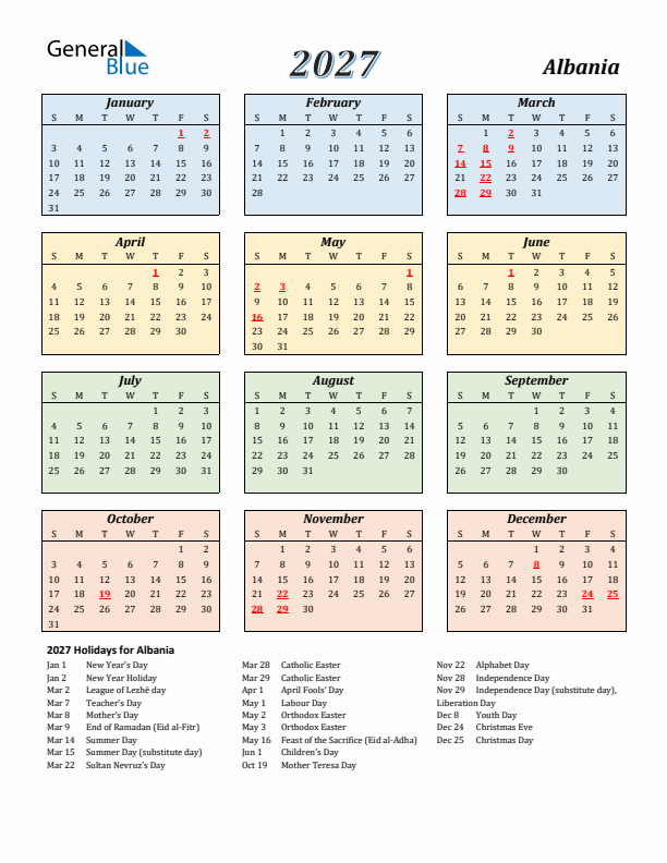 Albania Calendar 2027 with Sunday Start
