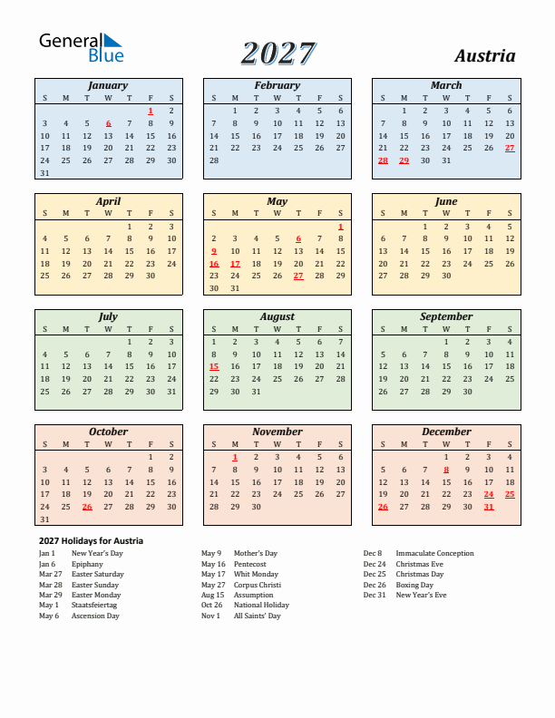 Austria Calendar 2027 with Sunday Start