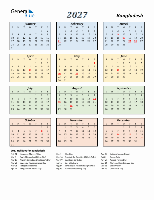 Bangladesh Calendar 2027 with Sunday Start