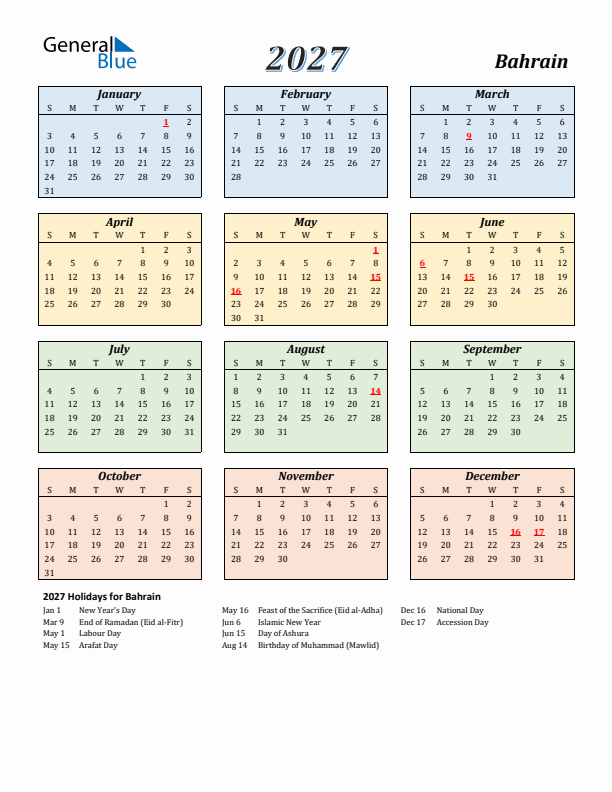 Bahrain Calendar 2027 with Sunday Start