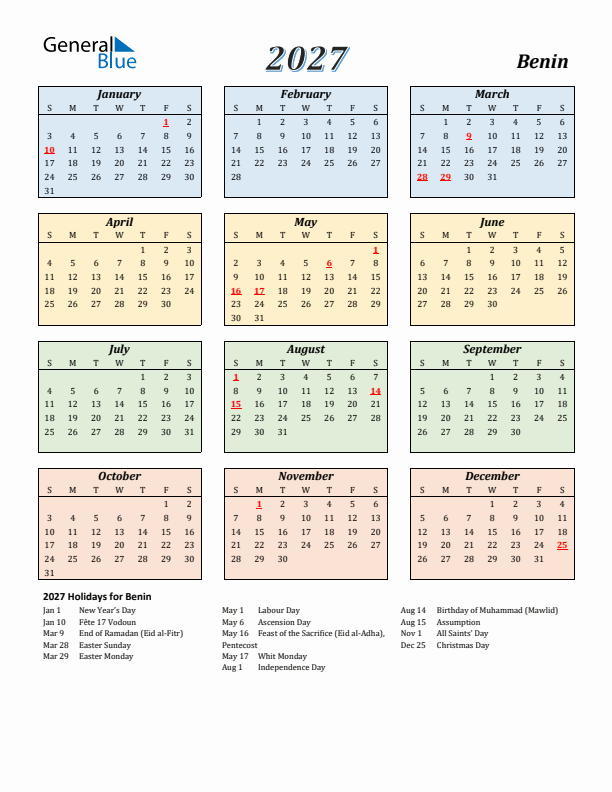Benin Calendar 2027 with Sunday Start