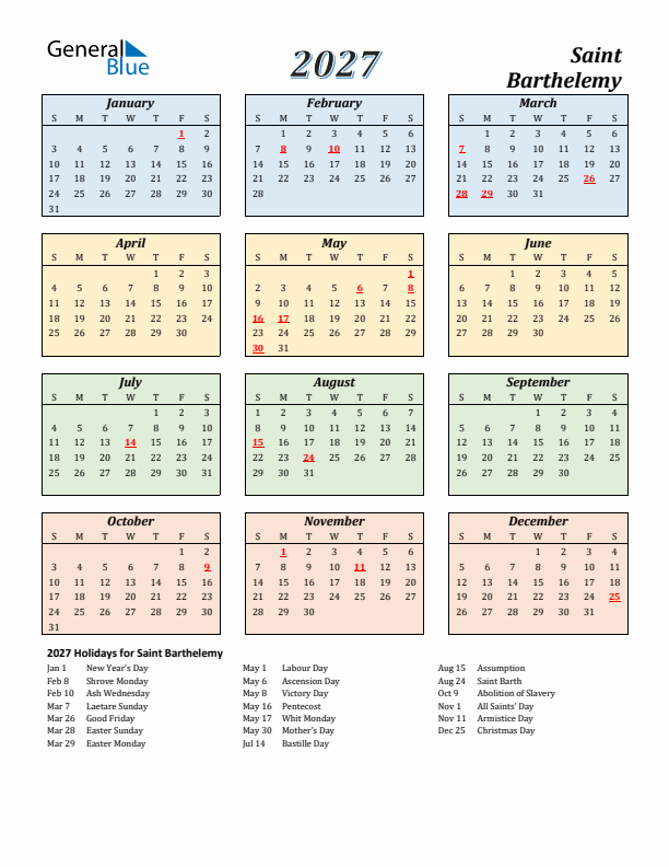 Saint Barthelemy Calendar 2027 with Sunday Start