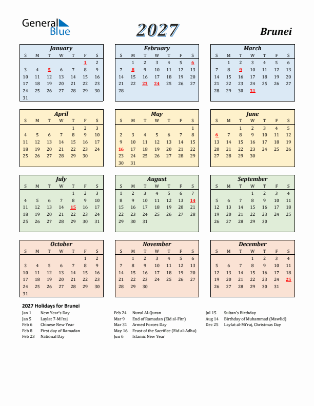 Brunei Calendar 2027 with Sunday Start
