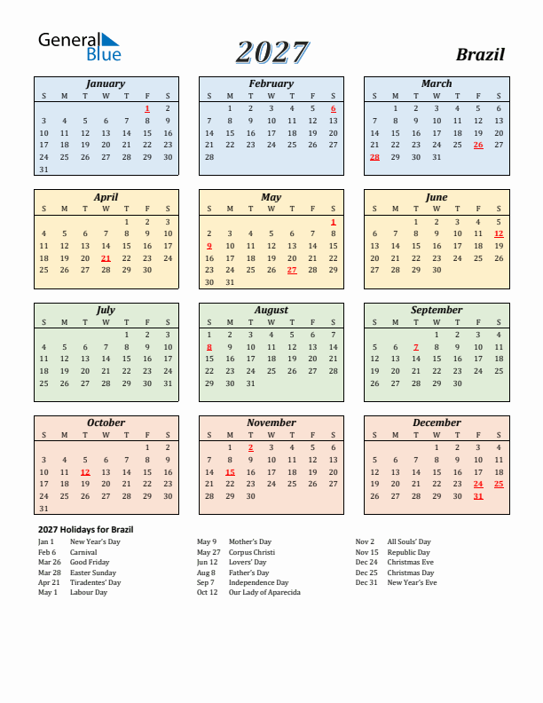 Brazil Calendar 2027 with Sunday Start
