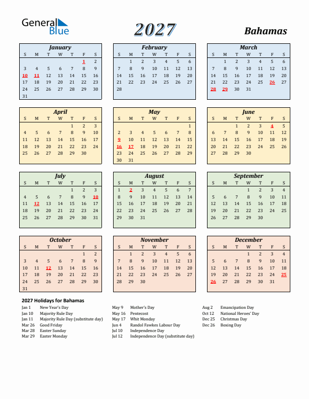 Bahamas Calendar 2027 with Sunday Start